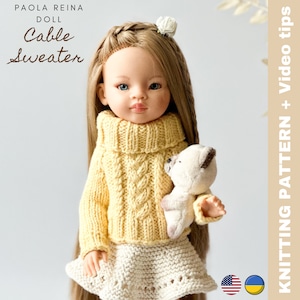 Paola Reina KNITTING PATTERN PDF in English for little 30 - 34 cm 12 - 13 1⁄2” doll, Boneka, Ruby Red Siblies, Corolle Cable Sweater