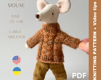 Maileg Mouse Dad Cable Sweater Knitting Pattern (PDF) in English and Ukrainian