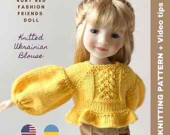 Ruby Red Fashion Friends Doll Clothes Knitting Pattern, Ukrainian Blouse + Video Tips (PDF Download
