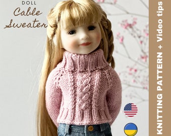 Cable Sweater Knitting Pattern for 14-14.5" Dolls (PDF Pattern) in English and Ukrainian