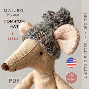 Maileg Mouse Hat Knitting Pattern PDF, 3 Sizes, Pom Pom Hat, Knit Flat or in the Round, Magic Loop, DPNs, Doll Clothes DIY