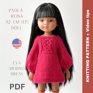 Op de afbeelding: Breipatroon PDF voor een roze merinowol jurk voor een 32 cm Paola Reina pop. Het patroon bevat videotips.
