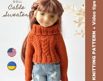 Ruby Red Fashion Friends Doll Cable Sweater Knitting Pattern (PDF) EN & UA