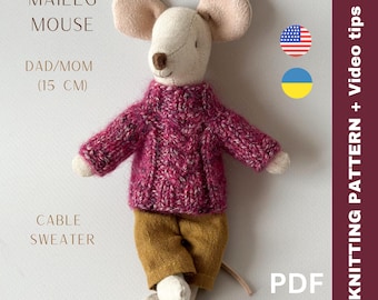 Maileg Dad Mouse Cable Sweater Knitting Pattern  | PDF Download | EN & UA