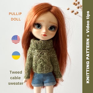 May include: A green tweed cable knit sweater for a Pullip doll. The sweater has a turtleneck and is shown on a doll with red hair. The image includes the text "Pullip Doll" and "Tweed cable sweater".