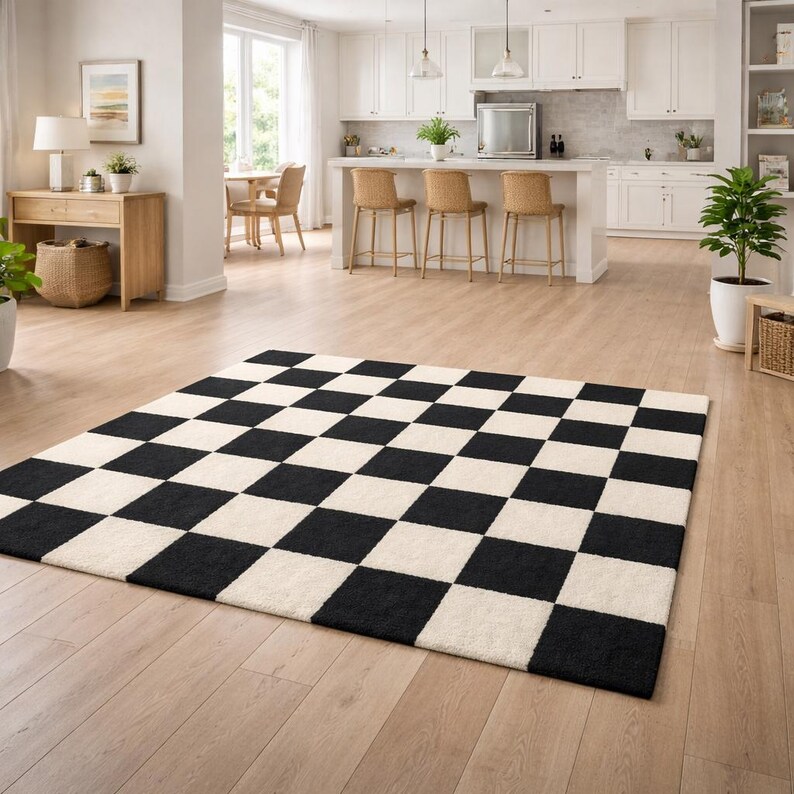 Hand Tufted Checkered Rug | Black & White Checkerboard Area Rug - Etsy