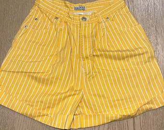 Vtg 90s Skoozi Striped Denim Shorts Womens Sz 7 High Waisted Yellow White Cotton