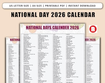 Calendario de días nacionales imprimible, días festivos divertidos, días nacionales de la comida, calendario de días festivos nacionales 2026, días festivos divertidos, paquete de días nacionales