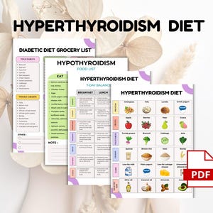 Puede incluir: Una colección de guías de dieta imprimibles para el hipertiroidismo, que incluyen una lista de compras, una lista de alimentos y un plan de comidas de 7 días. Las guías presentan diseños coloridos con listas de verduras, granos integrales y otros alimentos. El icono PDF es visible.