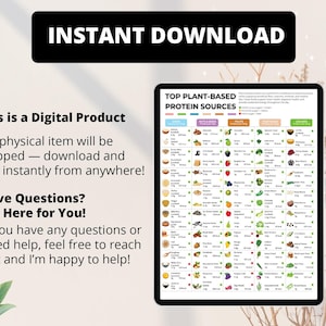 May include: A digital download graphic titled "TOP PLANT-BASED PROTEIN SOURCES" displayed on a tablet. The image features a chart with various plant-based foods and their protein content. The text "INSTANT DOWNLOAD" is at the top.