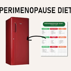 Op de afbeelding: Een rode koelkast met de tekst "PERIMENOPAUSE DIET" erboven. Rechts daarvan staat een voedingslijst met categorie&euml;n als fruit, groenten en gezonde vetten. De lijst is ontworpen voor de perimenopauze.
