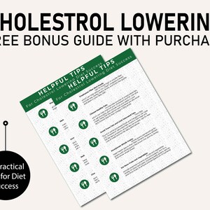 May include: Two green and white printable guides with the title "Helpful Tips for Cholesterol Lowering Diet Success" and a fork and knife icon. The guides contain a list of tips for lowering cholesterol.