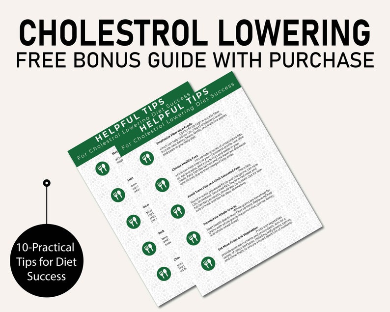 May include: Two green and white printable guides with the title "Helpful Tips for Cholesterol Lowering Diet Success" and a fork and knife icon. The guides contain a list of tips for lowering cholesterol.