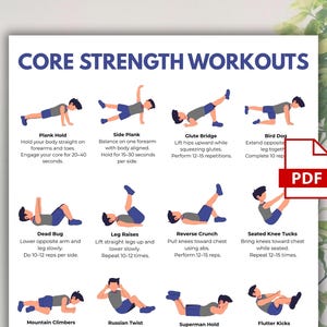 May include: A white poster with the title "CORE STRENGTH WORKOUTS" in blue. It features illustrated exercises like Plank Hold, Side Plank, Glute Bridge, and Bird Dog. Instructions and rep counts are included for each exercise.