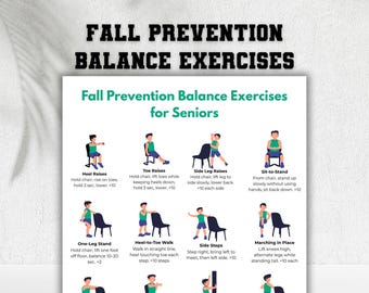 Fall Prevention Balance Exercises for Seniors, Elderly Home Exercise Poster, Stability exercise, Chair & Standing Mobility Training Chart