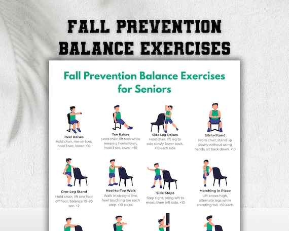 Fall Prevention Balance Exercises for Seniors, Elderly Home Exercise Poster, Stability exercise, Chair & Standing Mobility Training Chart