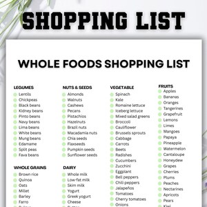 May include: A white shopping list titled "SHOPPING LIST" and "WHOLE FOODS SHOPPING LIST" lists legumes, nuts & seeds, vegetables, fruits, whole grains, and dairy products. Lavender sprigs frame the list.