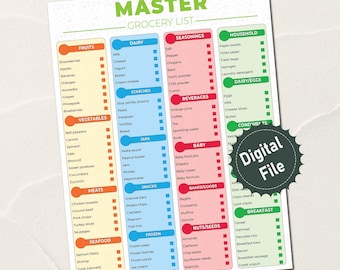 Colorful Grocery Shopping List , Grocery List Printable, Master Grocery List, Grocery Checklist, Printable Grocery List, Instant Download