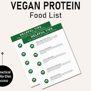 May include: Two green sheets of paper with the title "Vegan Protein Food List" and "Helpful Tips for Success on Vegan Protein" with a list of tips for eating a vegan diet.