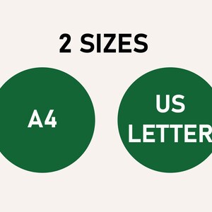 May include: Two green circles with white text. The left circle says "A4" and the right circle says "US LETTER". The text above the circles says "2 SIZES".