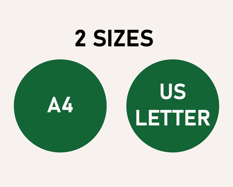 May include: Two green circles with white text. The left circle says "A4" and the right circle says "US LETTER". The text above the circles says "2 SIZES".