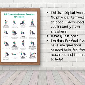 May include: A framed poster with the text "Fall Prevention Balance Exercises for Seniors" and illustrations of various exercises. The poster is in a wooden frame and is displayed against a white brick wall. Additional text on the right side states "This is a Digital Product".