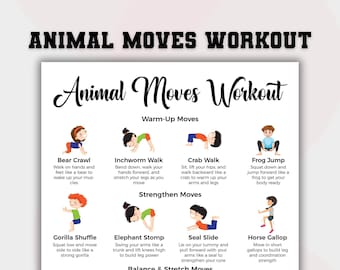 Fun Kids Exercise Chart, Animal Moves Exercises, Kids Exercise Chart PDF, Fitness Wall Art PDF, Fun Kid Activities, Indoor Physical Activity
