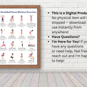 Peut inclure: Une affiche encadr&eacute;e pr&eacute;sentant "16 exercices de musculation avec halt&egrave;res" avec des illustrations. Le texte inclut "Ceci est un produit num&eacute;rique" et "Je suis l&agrave; pour vous!". Le cadre est brun.