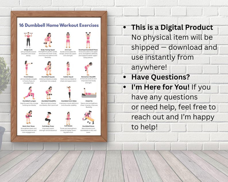 Peut inclure: Une affiche encadr&eacute;e pr&eacute;sentant "16 exercices de musculation avec halt&egrave;res" avec des illustrations. Le texte inclut "Ceci est un produit num&eacute;rique" et "Je suis l&agrave; pour vous!". Le cadre est brun.