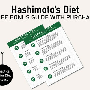 Puede incluir: Imagen promocional para la Dieta de Hashimoto, con una gu&iacute;a verde y blanca titulada "Consejos &uacute;tiles para el &eacute;xito de la dieta de Hashimoto". La gu&iacute;a enumera 10 consejos pr&aacute;cticos para el &eacute;xito de la dieta, con el texto "GU&Iacute;A DE BONIFICACI&Oacute;N GRATUITA CON LA COMPRA" en la parte superior.