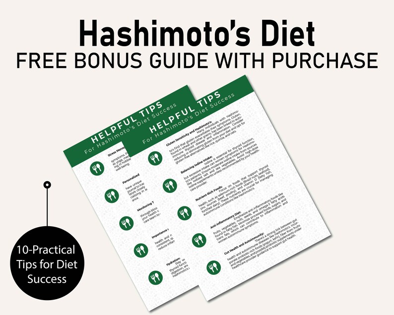 Puede incluir: Imagen promocional para la Dieta de Hashimoto, con una gu&iacute;a verde y blanca titulada "Consejos &uacute;tiles para el &eacute;xito de la dieta de Hashimoto". La gu&iacute;a enumera 10 consejos pr&aacute;cticos para el &eacute;xito de la dieta, con el texto "GU&Iacute;A DE BONIFICACI&Oacute;N GRATUITA CON LA COMPRA" en la parte superior.