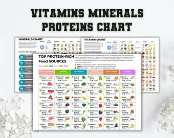 Vitamins and Mineral Chart Sheet, Nutrition Facts Food List, Essential Micronutrients Chart, Healthy Protein Poster, Fitness Meal Tracker