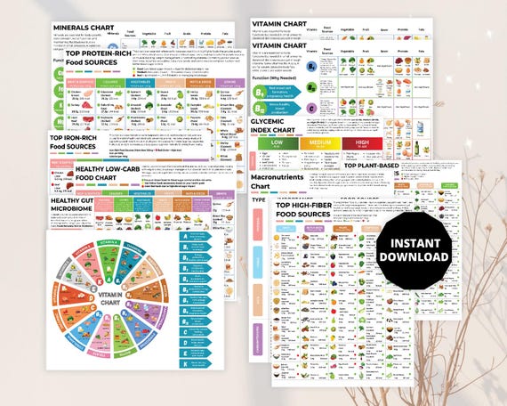 Nutrition Pro Bundle All in One Healthy Eating Reference Guide, Iron Rich Food Chart, Vitamins Mineral Food Chart, Low Carb Food Chart