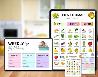May include: A digital tablet and a whiteboard displaying meal planning and dietary information. The tablet shows a "Low FODMAP Food Chart" with food categories. The whiteboard is a "Weekly Meal Planner" with space for daily meal entries. A smaller printout is also visible.