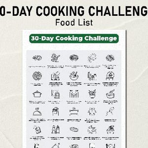 Peut inclure: Un graphique en noir et blanc avec 30 icônes représentant différents aliments. Le graphique est intitulé "30-Day Cooking Challenge Food List".