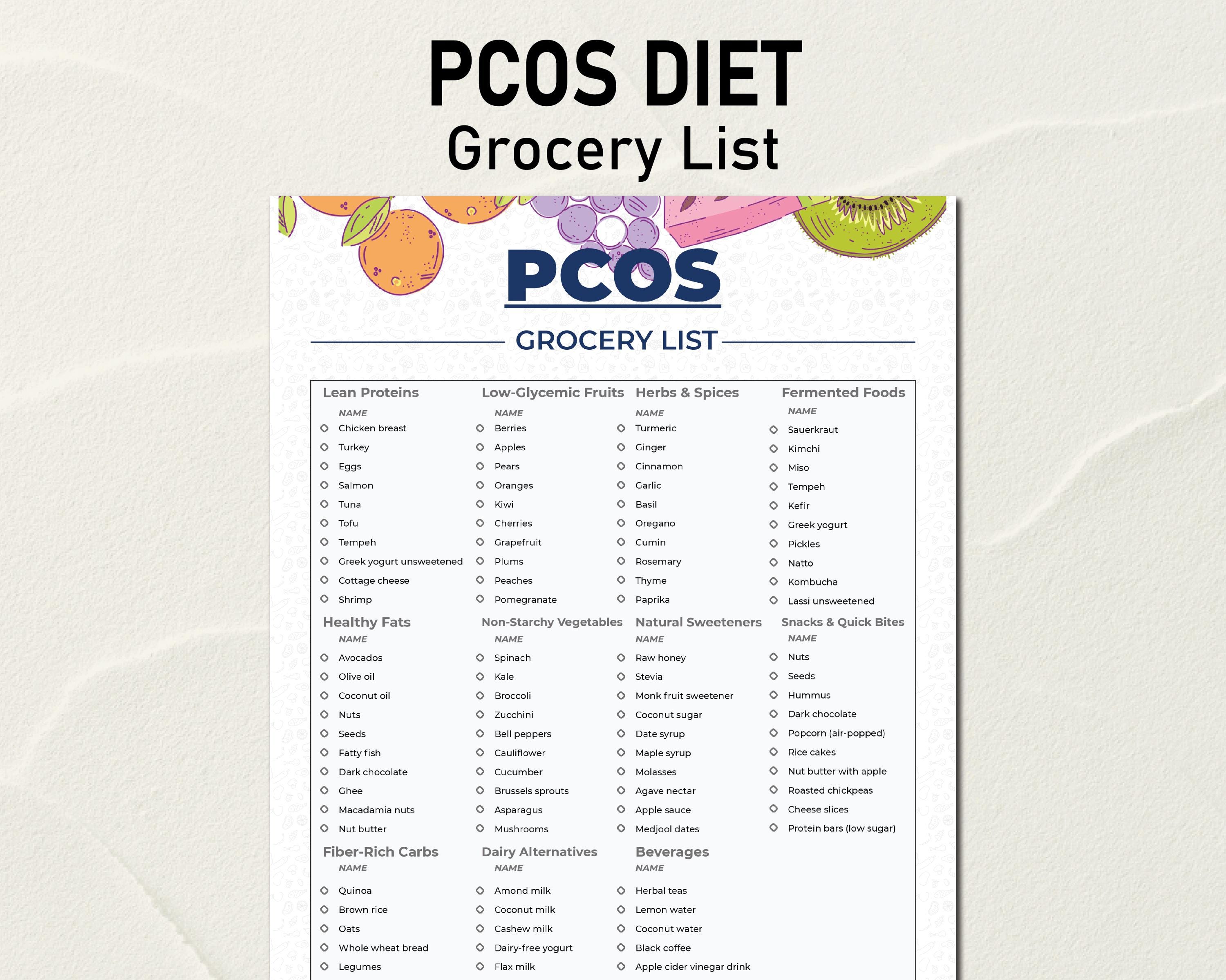 PCOS-dieetplan, Pcos-voedingsmiddelen voor gewichtsverlies, PCOS-voedsellijst pdf, voedingsmiddelen met lage glycemische index, suikerarm voedsel, maaltijd polycysteus ovariumsyndroom