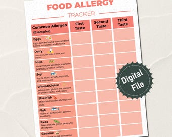 Suivi des allergies alimentaires pour bébés, liste des premiers allergènes alimentaires, liste de contrôle des réactions aux aliments pour bébés, modèle pour essayer son premier aliment, liste de contrôle des réactions aux aliments pour bébés