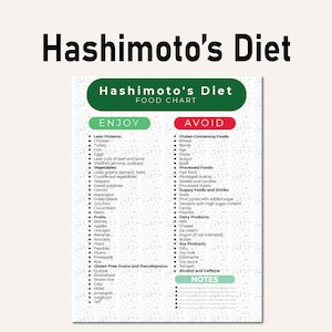Puede incluir: Un gr&aacute;fico de alimentos titulado "Hashimoto's Diet" enumera los alimentos para disfrutar y evitar. La secci&oacute;n "Enjoy" incluye prote&iacute;nas magras, verduras, frutas y granos sin gluten. La secci&oacute;n "Avoid" enumera alimentos que contienen gluten, alimentos procesados, etc.