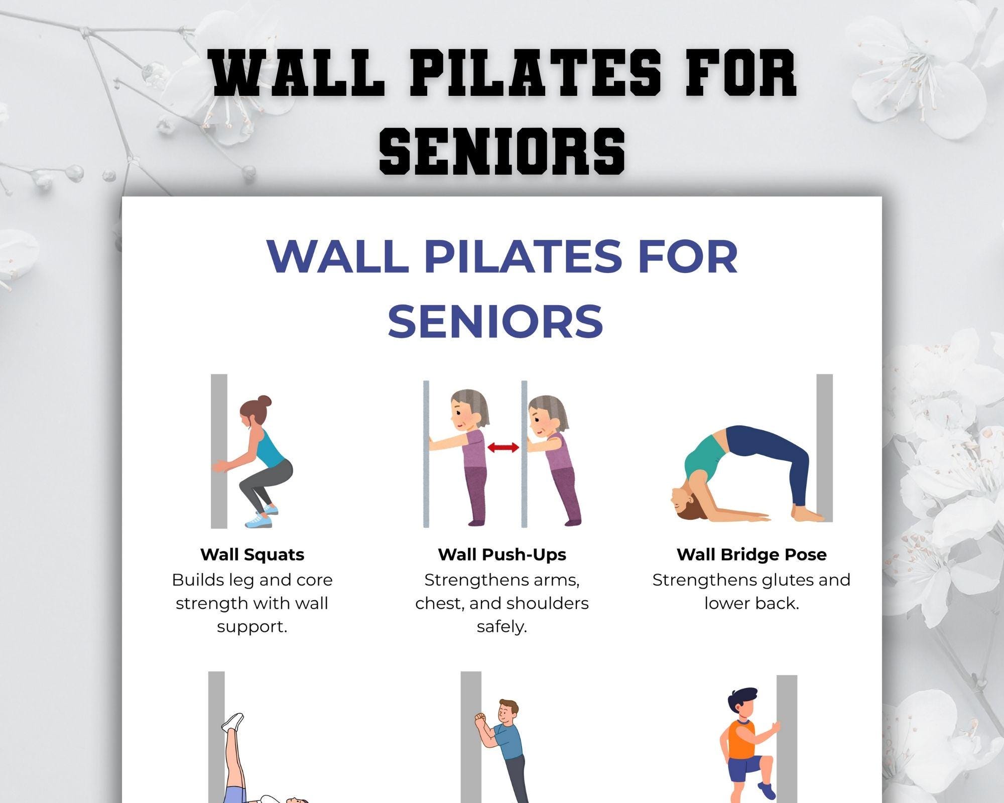 Pilates de pared para personas mayores (imprimible), tabla de ejercicios para personas mayores, ejercicios de pared para personas mayores, ejercicios