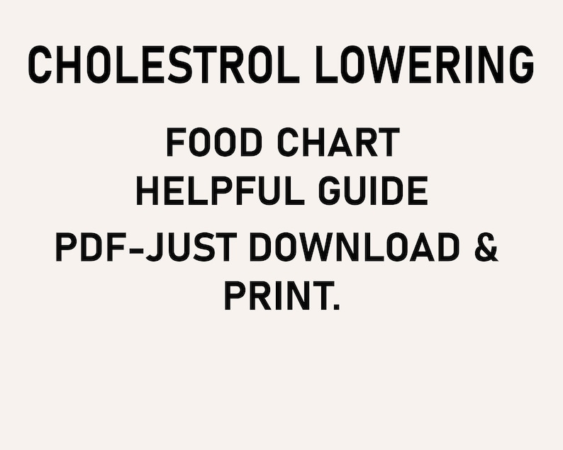 May include: Black and white text on a white background that reads "CHOLESTROL LOWERING FOOD CHART HELPFUL GUIDE PDF-JUST DOWNLOAD & PRINT."