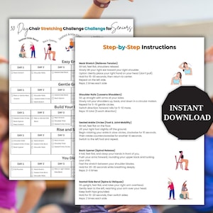 Chair Stretching Challenge for Seniors, Senior Chair Workout Poster, Stretch Chart & Habit Tracker, Gentle Seated Workout for Seniors
