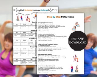 Desafío de estiramiento en silla para personas mayores, póster de ejercicios en silla para personas mayores, tabla de estiramientos y registro de hábitos, entrenamiento suave sentado para personas mayores.