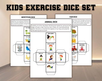 Juego de dados de ejercicio para niños, juego de movimiento imprimible, movimientos de animales, póster de entrenamiento, tabla de ejercicios divertida con acciones de animales.
