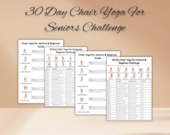 Puede incluir: Cuatro guías impresas para un desafío de yoga en silla de 30 días para personas mayores y principiantes. Las guías presentan ilustraciones de posturas de yoga e instrucciones detalladas. El título "30 Day Chair Yoga For Seniors Challenge" se muestra en la parte superior.