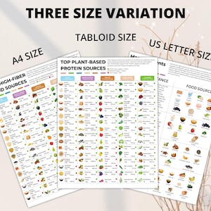 May include: Three informational charts with the text "THREE SIZE VARIATION". The charts are labeled "A4 SIZE", "TABLOID SIZE", and "US LETTER SIZE". The charts list food sources, including "TOP HIGH-FIBER FOOD SOURCES" and "TOP PLANT-BASED PROTEIN SOURCES".
