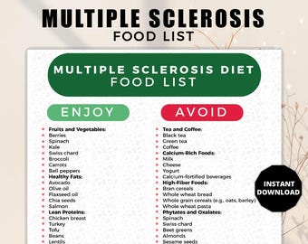 May include: A Multiple Sclerosis Food List digital download. The green section lists foods to enjoy, including berries, spinach, and avocado. The red section lists foods to avoid, such as milk, cheese, and coffee. The words "Instant Download" are in a black circle.