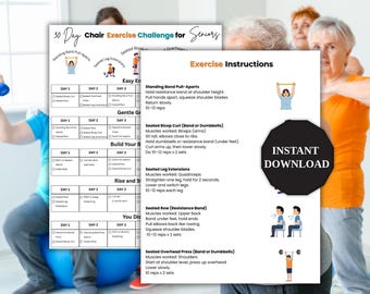 Senior Chair Workout Poster, Chair Stretching Challenge for Seniors, 30 Day Low Impact Seated Exercises, Gentle Seated Workout for Seniors