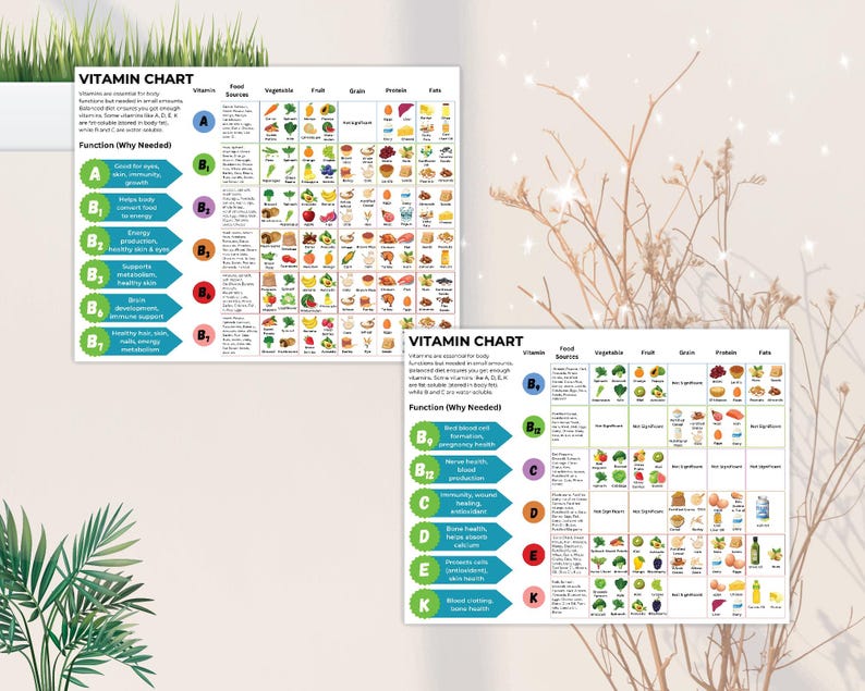 May include: Two vitamin charts with the title "VITAMIN CHART" are displayed. The charts list vitamins, food sources, and their functions. The charts feature colorful illustrations of various foods and are set against a neutral background.