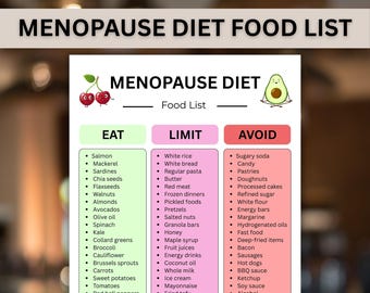 Lista de alimentos para la menopausia, lista de compras para la menopausia (PDF), tabla de alimentos para la perimenopausia, lista de dietas para la menopausia, alimentos para aliviar los síntomas de la menopausia