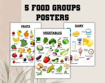 5 Lebensmittelgruppen Poster, Nährwerte Poster, Montessori Poster, Food Tracker, Picky Eater, Lebensmittelgruppen Diagramme, Kinder Essen Lernposter